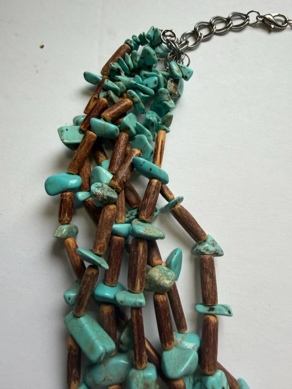 Genuine Turquoise Nuggets Wood Beads 7-Strand Necklace Southwestern Style 22" L - Picture 3 of 5